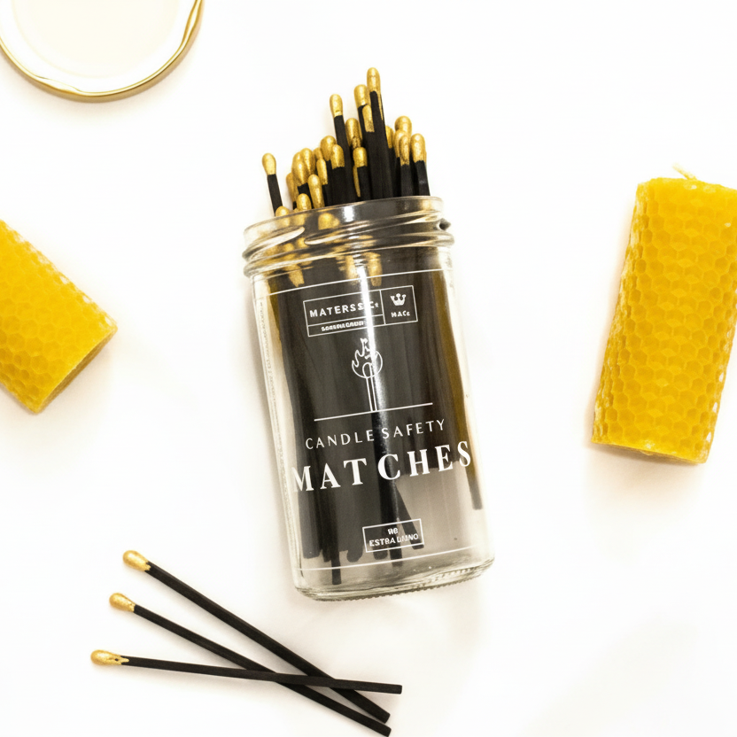 Luxury Extra Long Candle Matches Jar sitting on a coffee table next to beeswax candles.