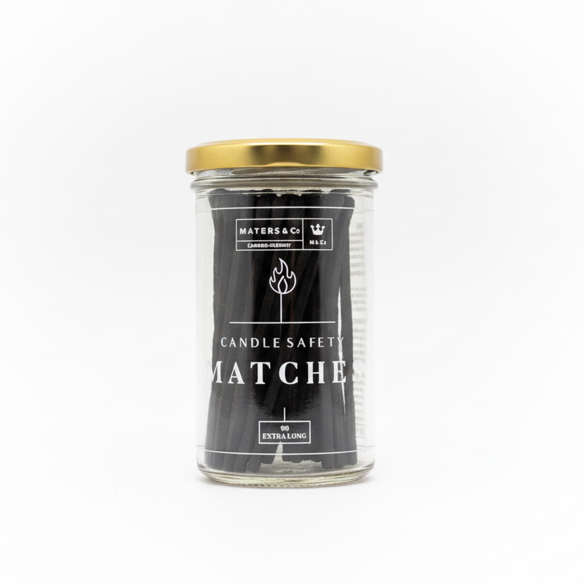 Maters and Co Luxury Extra Long Candle Safety Matches in printed glass jar with gold lid.
