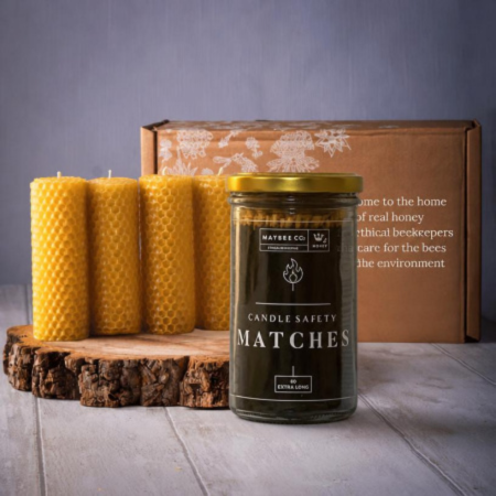 Maters and Co Pure Beeswax Midi Candle Gift Set with luxury match jar in custom illustrated box.