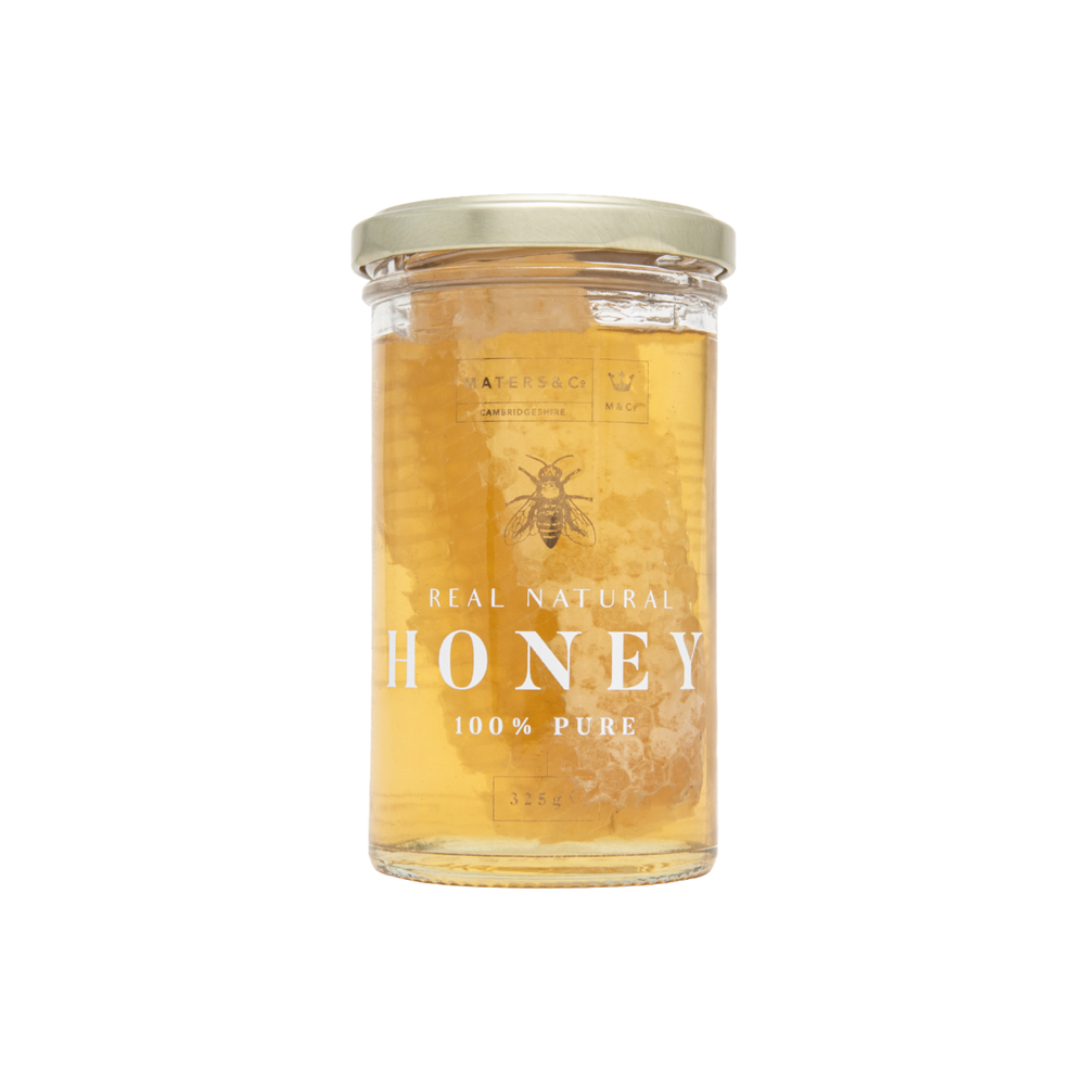Jar of acacia honey with honeycomb, a bee logo and text on a white background