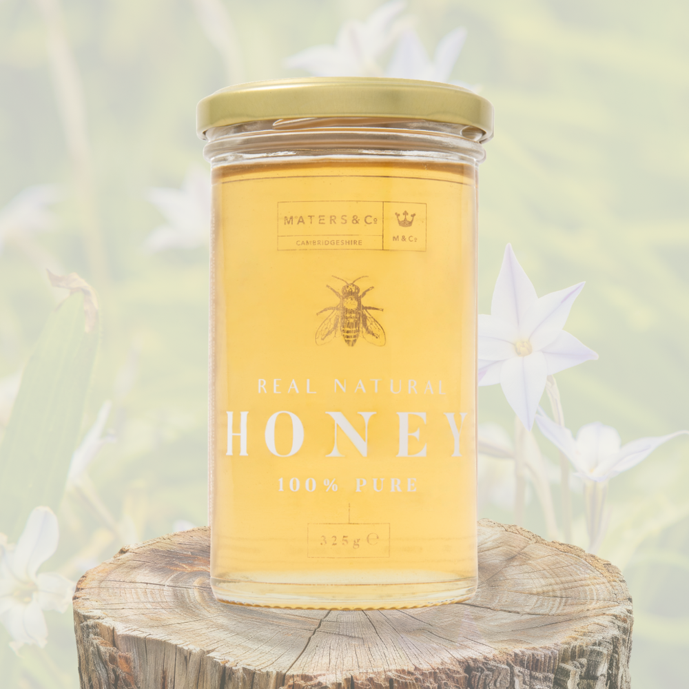 Maters and Co Cambridgeshire Borage Honey - Clear liquid honey in a luxury glass jar.
