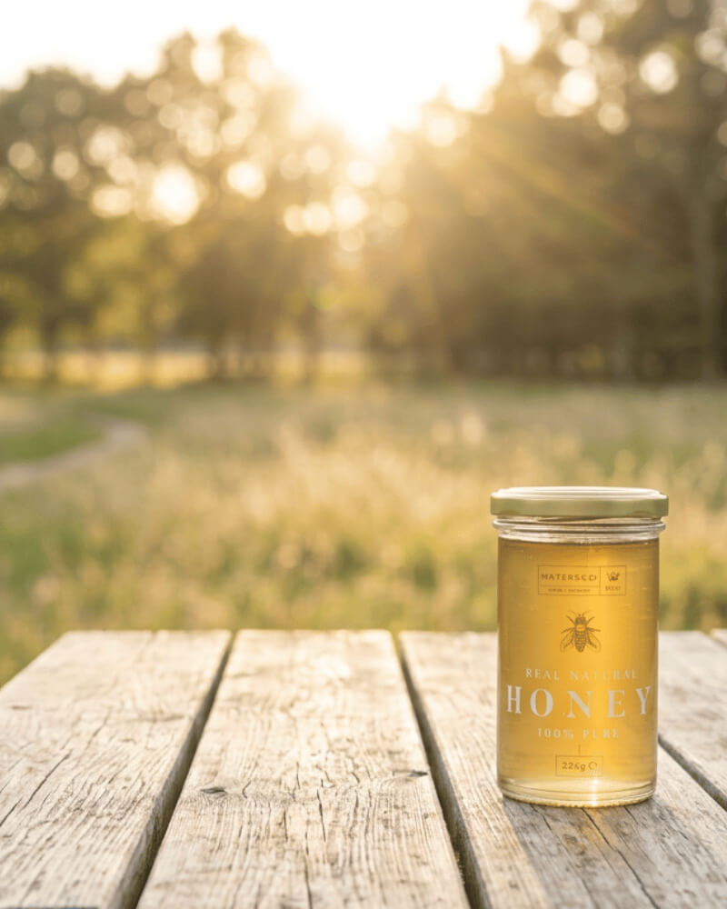 Jar of Maters and Co honey on a wooden table with a blurred natural background