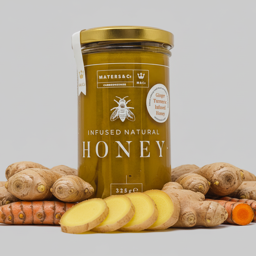 Jar of ginger turmeric infused natural honey with a gold lid on a white background