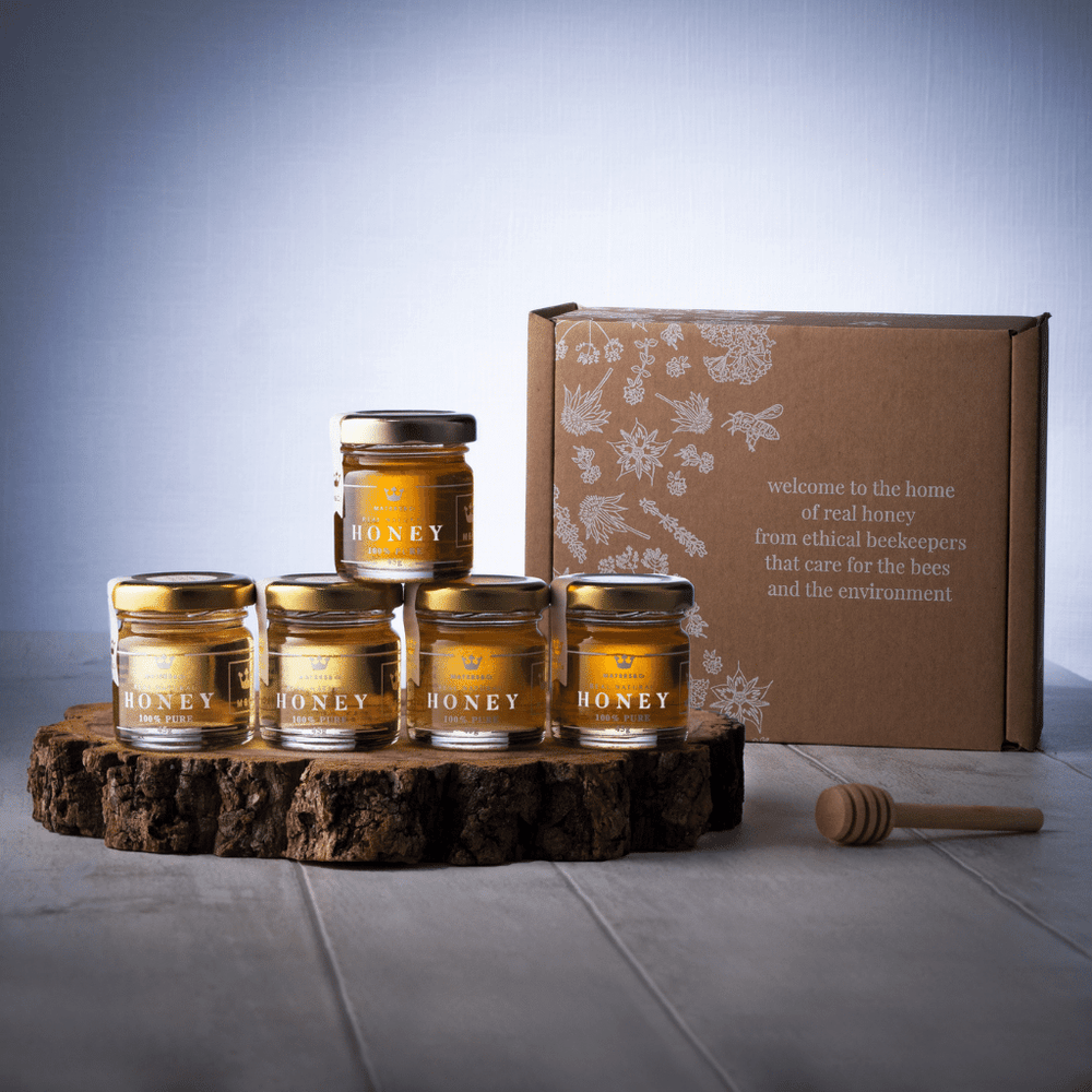 Mild (Beginners) Honey Taster Set - 5 Beautiful Sampler Jars & Mini Honey Dipper - Maters & Co