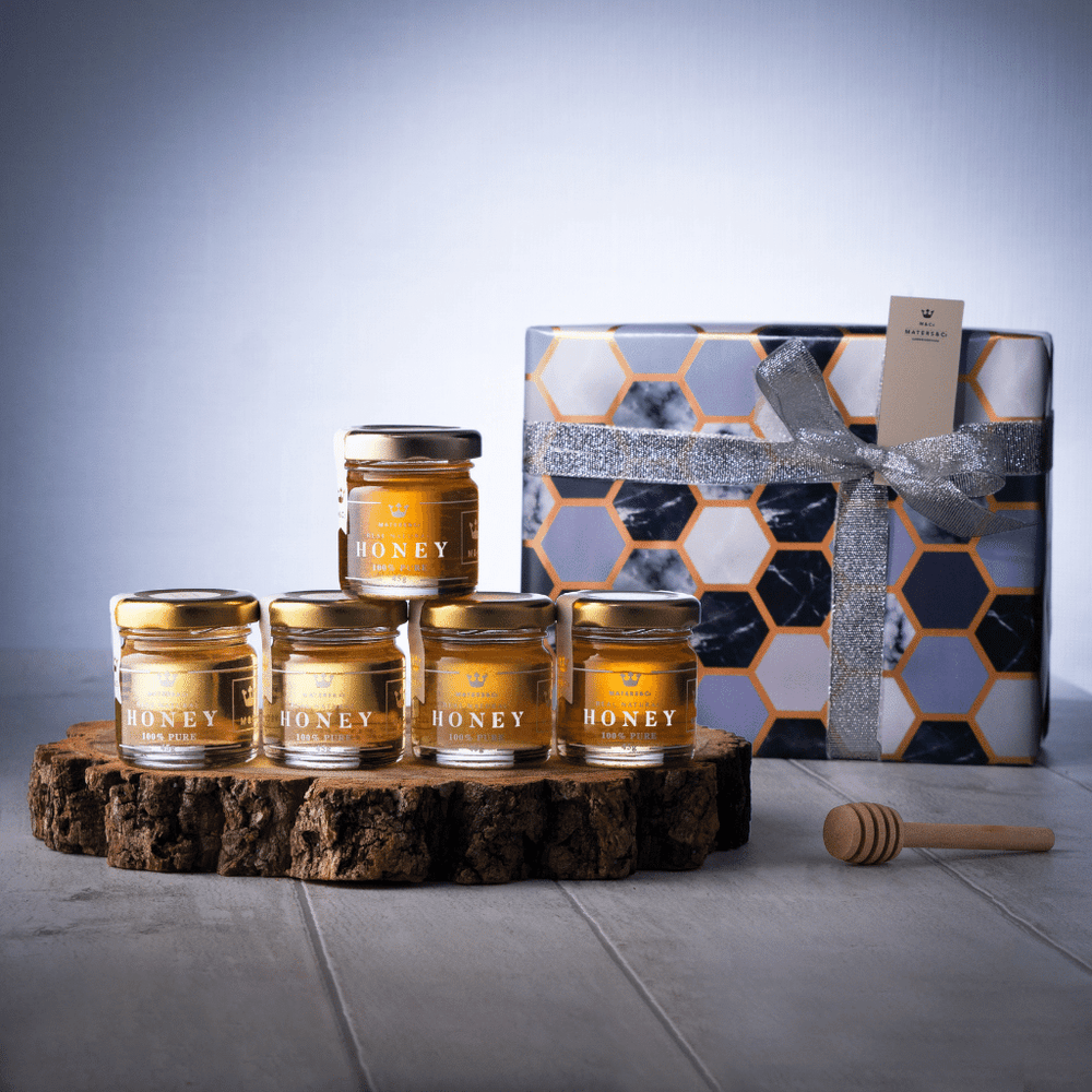 British Honey Taster Set - 5 Beautiful Sampler Jars & Mini Honey Dipper - Maters & Co