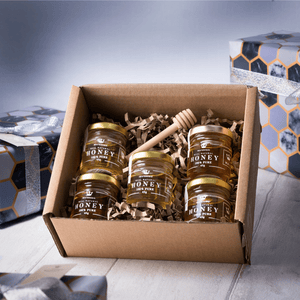 British Honey Taster Set - 5 Beautiful Sampler Jars & Mini Honey Dipper - Maters & Co
