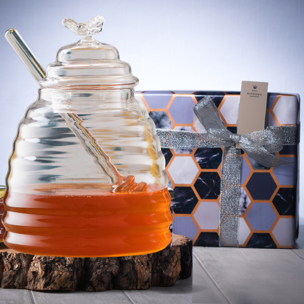 Beautiful Glass Honey Pot w/Dipper - Maters & Co